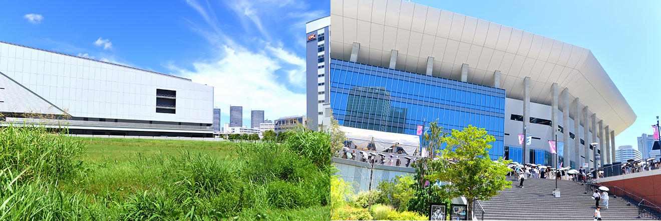左：Kアリーナ横浜周辺（「Linkage Terrace（リンケージ テラス）」の建設予定地周辺）、右：Kアリーナ