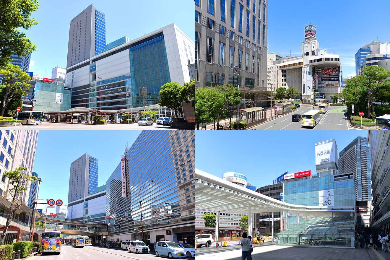 左上から時計回りにJR横浜駅西口、ヨドバシ横浜、JR横浜駅西口駅前の風景、横浜高島屋