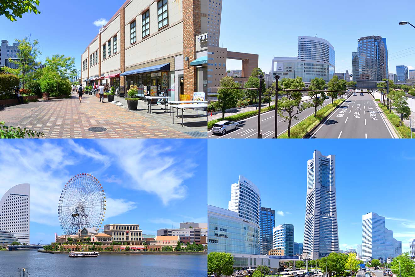 左上から時計回りにCIAL桜木町、ヒューリックみなとみらいと周辺の街並み、 ランドマークプラザ、みなとみらいの風景