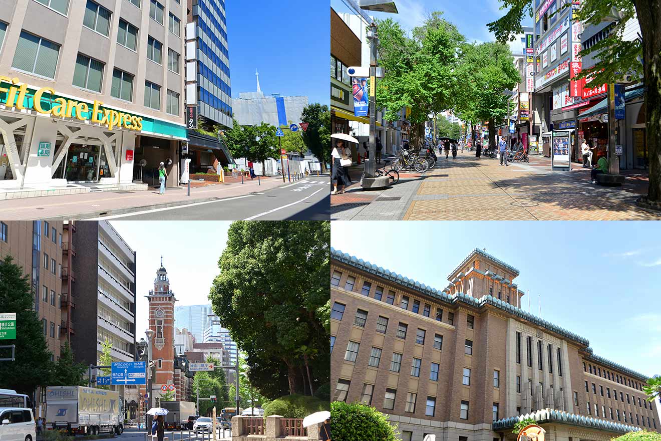 左上から時計回りに港町地区周辺、伊勢佐木町通り、神奈川県庁舎、横浜市開港記念会館(ジャックの塔)