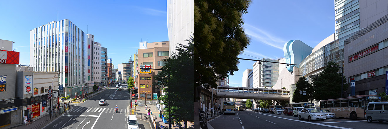 左：ブルーライン上大岡駅1番出口周辺の風景、右：上大岡駅前の風景
