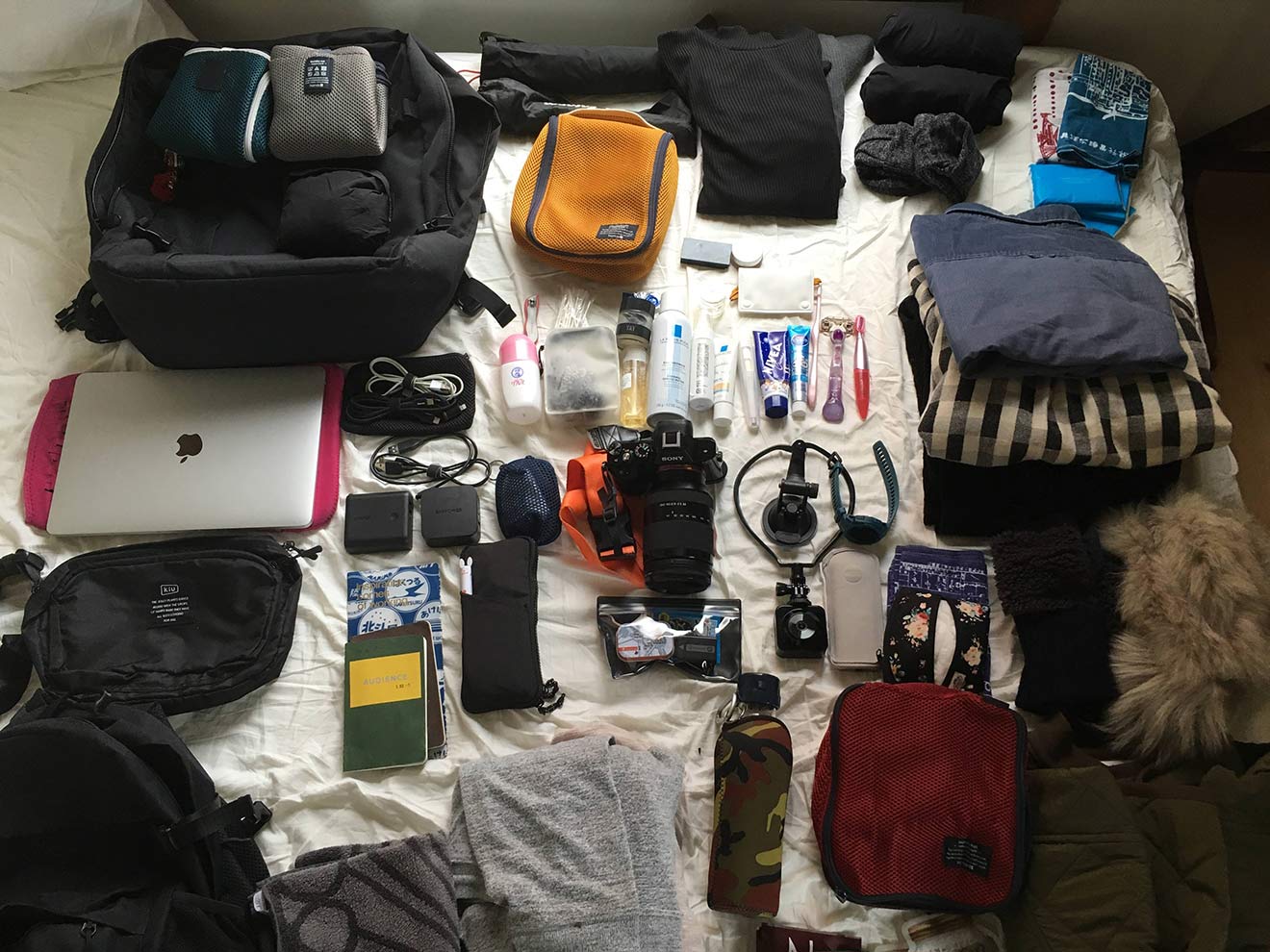 持ち歩いているすべての荷物をまとめてみたところ。衣類と洗面用具、ライター仕事のためのPCとカメラ類