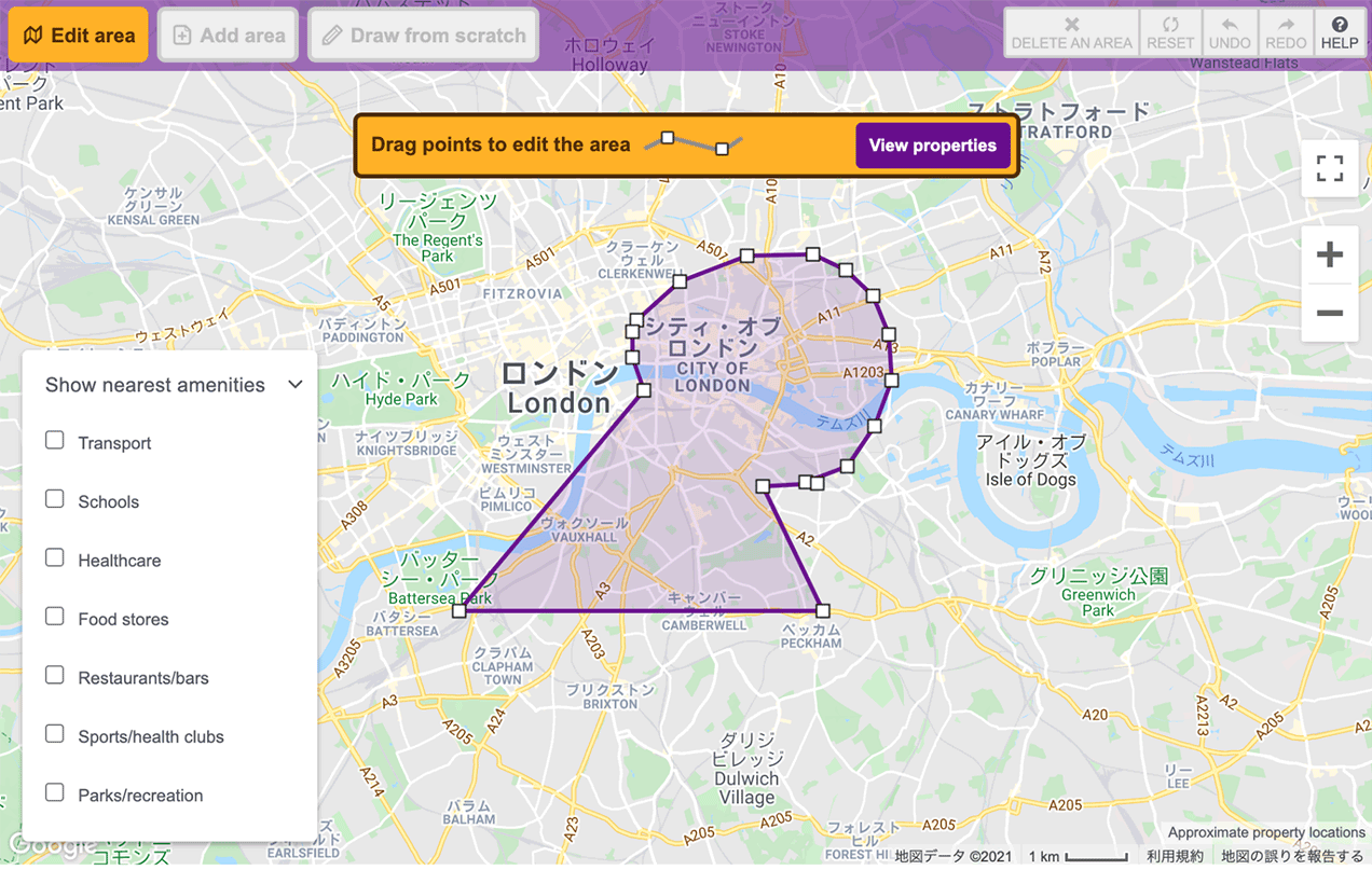 地図上に検索対象エリアを書き込み・編集し、検索することが可能