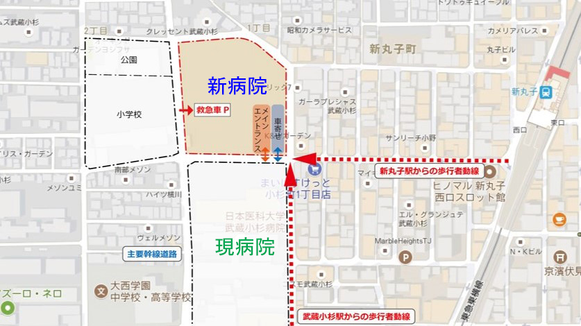 日本医科大学武蔵小杉病院　新病院動線図