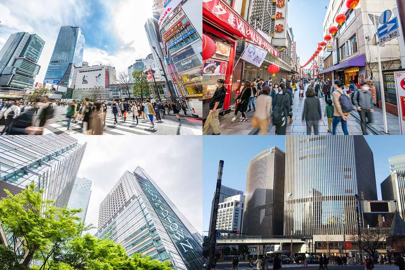 左上から時計回りに、渋谷駅（営業終了直近の東急東横店の姿も・2020年3月撮影）、横浜中華街・有楽町・六本木