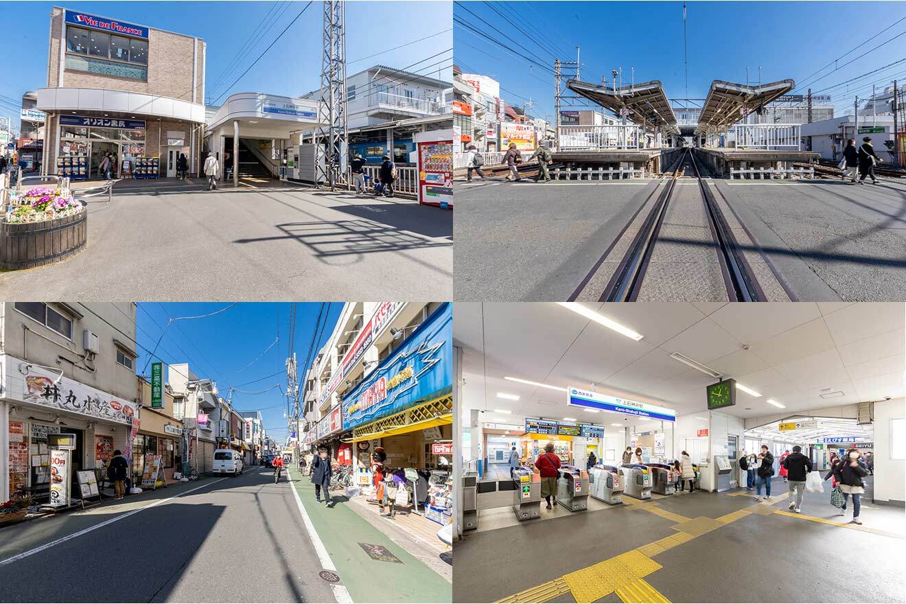 左上から時計回りに、上石神井駅北口、上石神井駅前の踏切、上石神井駅改札、上石神井駅前の商店街（上石神井商店街振興組合）