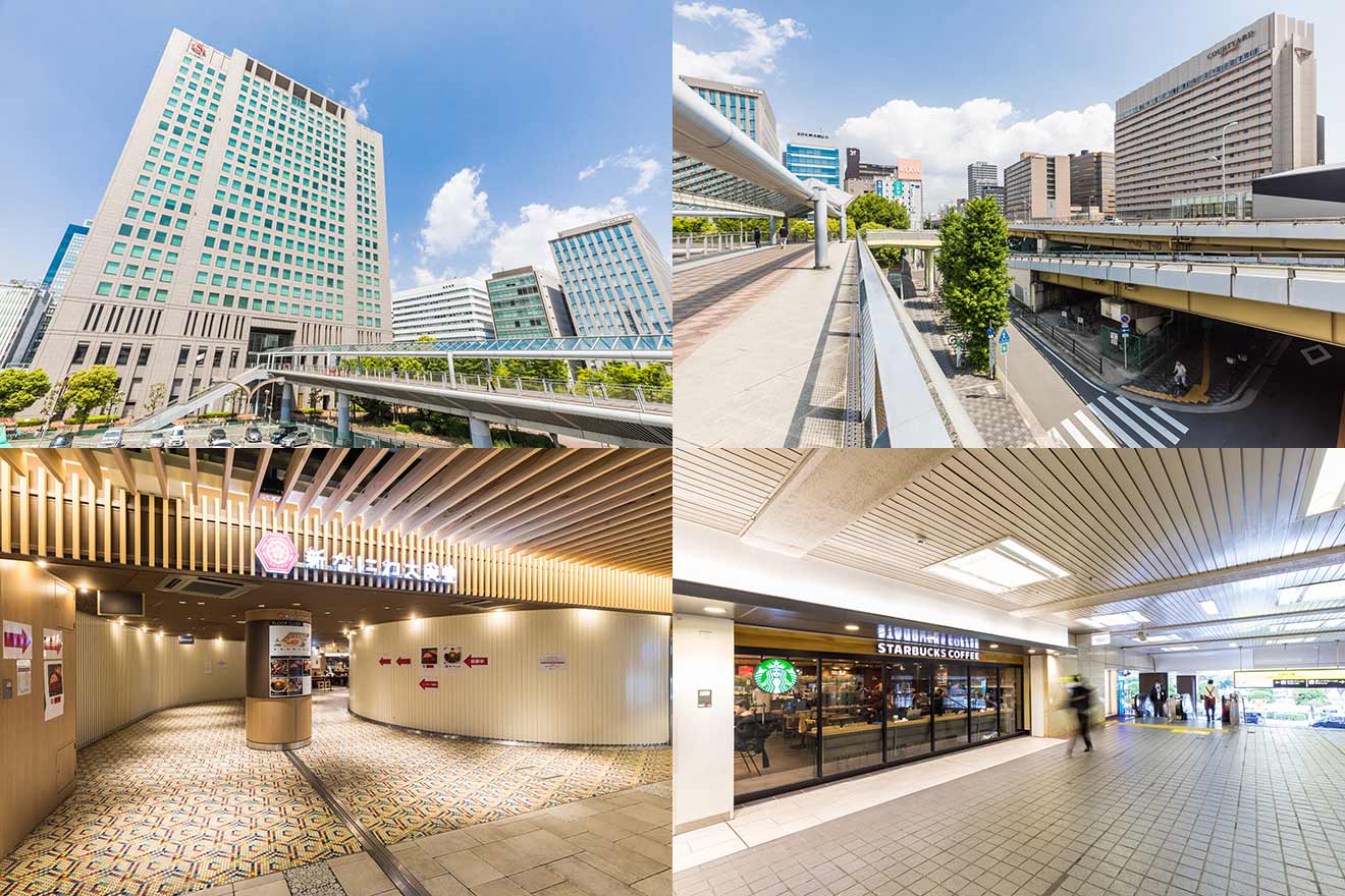 左上から時計回りに、新大阪駅前の街並み（2枚）、スターバックス コーヒー JR新大阪アルデ店、新なにわ大食堂
