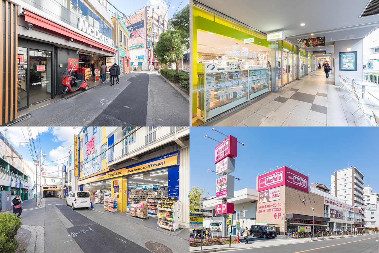 左上から時計回りに、マクドナルド京橋店、3COINS京阪モール店、マックスバリュ京橋店、マツモトキヨシ京橋駅前店