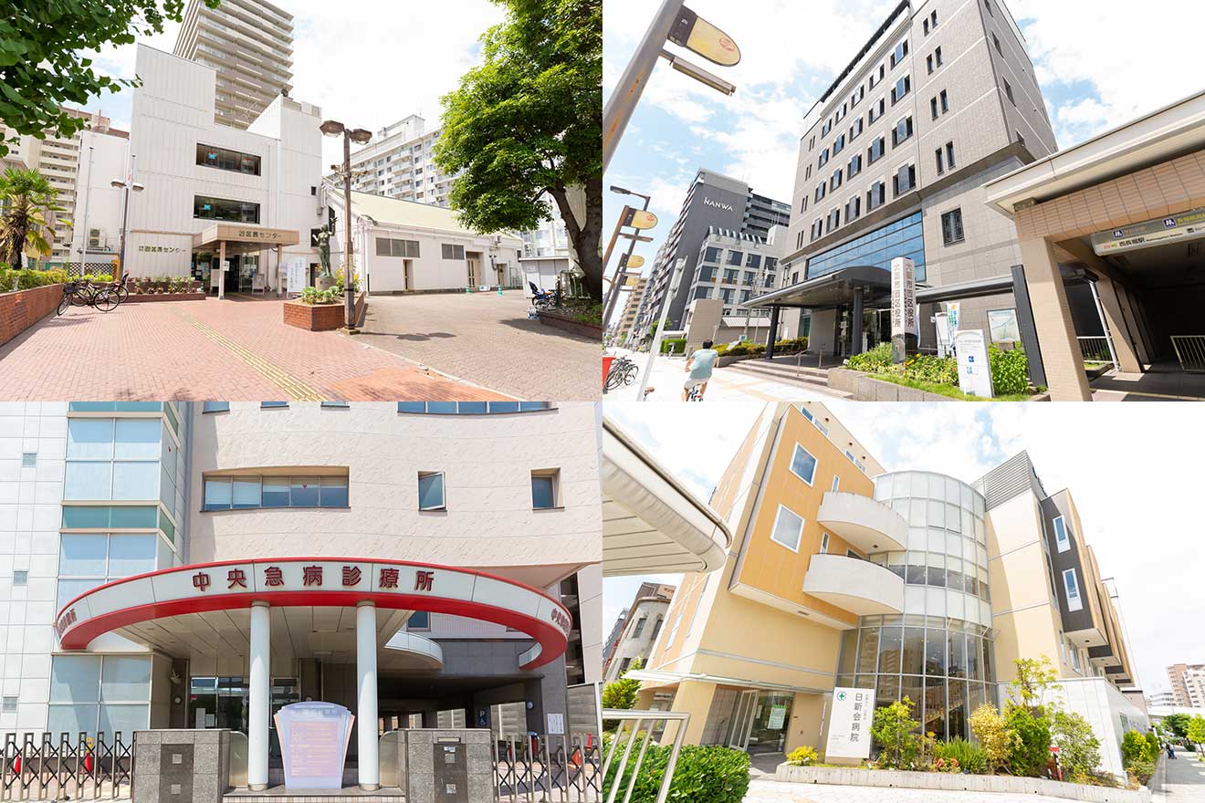 左上から時計回りに、大阪市立西区民センター、大阪市西区役所、日新会病院、中央急病診療所