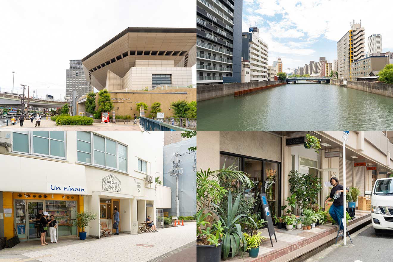 左上から時計回りに、湊町リバープレイス、道頓堀川、LUVONICAL flower works、アンナンナン