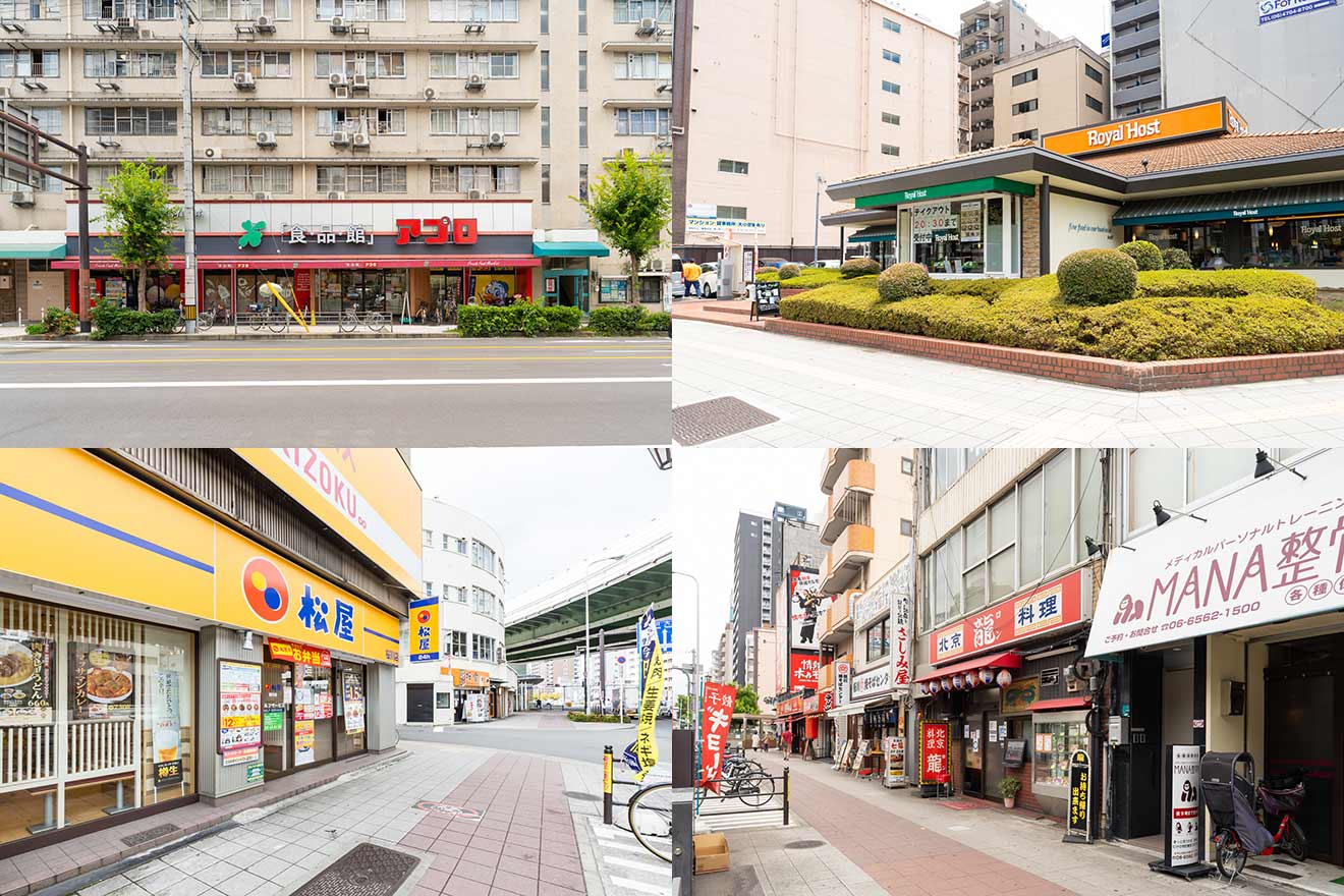 左上から時計回りに、食品館アプロ 桜川店、ロイヤルホスト桜川店、駅前の飲食店街、松屋 桜川店