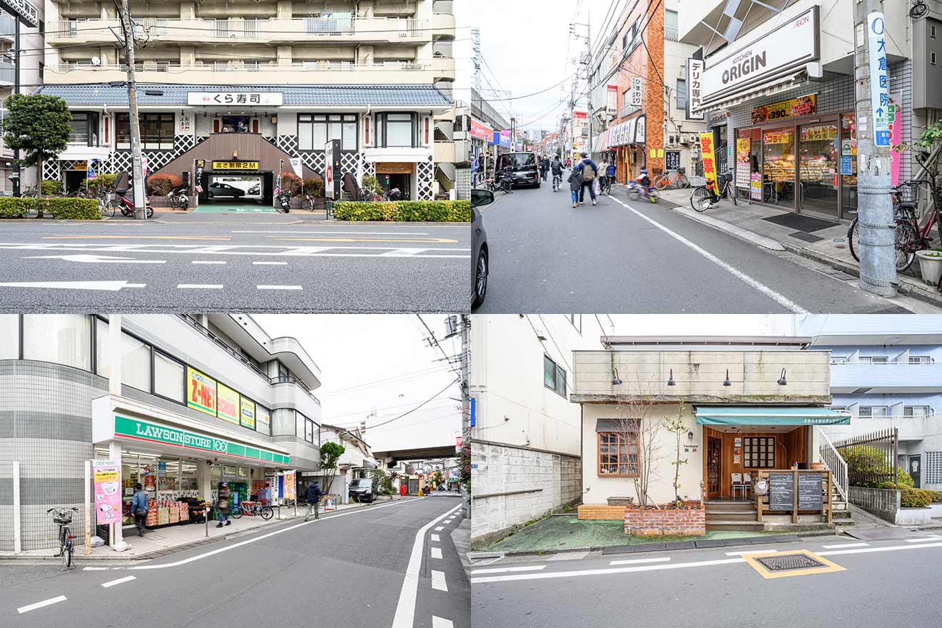 左上から時計回りに、くら寿司 東向島店、キッチンオリジン 東向島駅前店、ヴァチナーラ、ローソンストア100 東向島駅前店