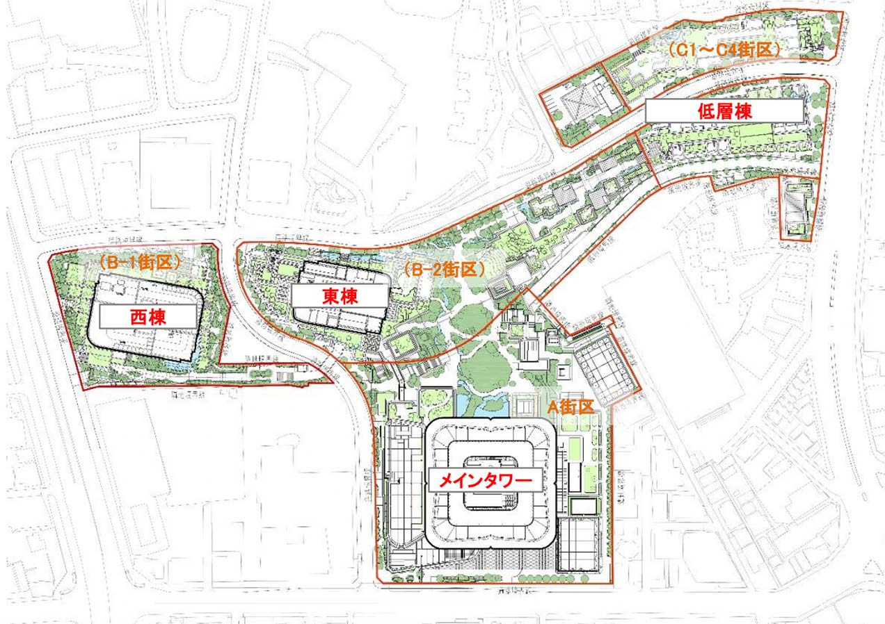 3棟の超高層ビル（A、B街区）、4棟の低層ビル（C街区）、その間の広大な広場