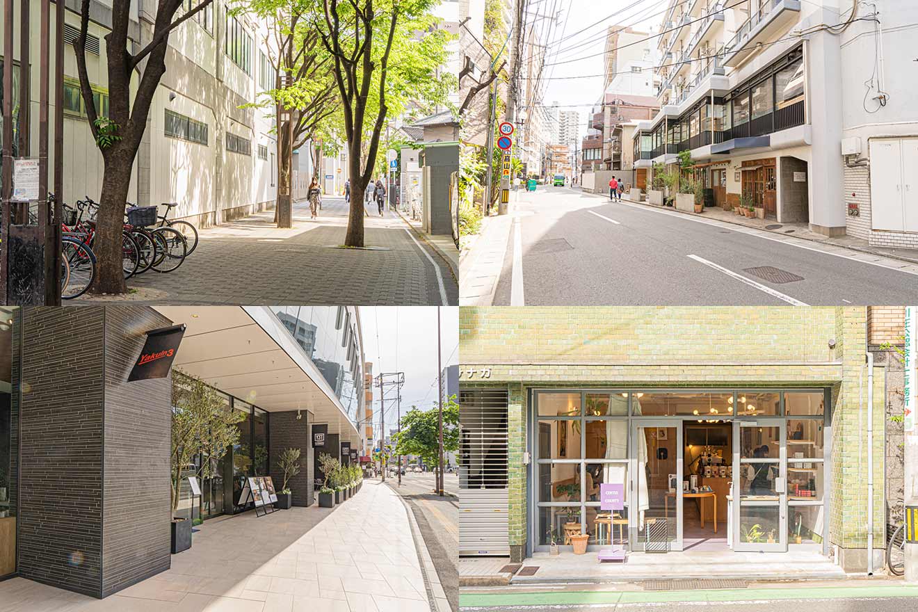 左上から時計回りに、薬院周辺の街並み（上段2枚）、COFFEE COUNTY、YAKUIN 3 TERRACE