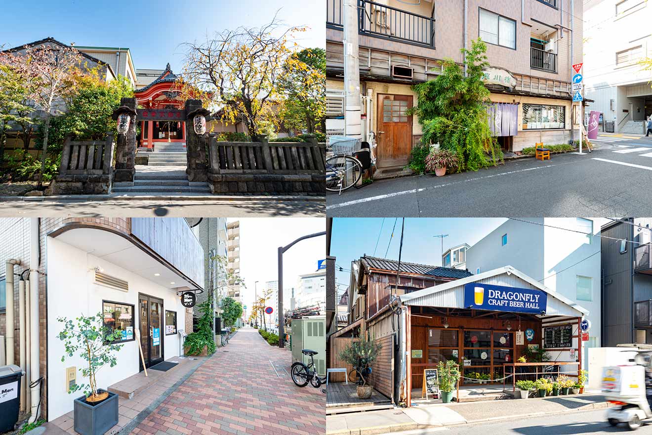 左上から時計回りに、長専院、深川宿 本店、Dragonfly CRAFT BEER HALL、カレと。Men