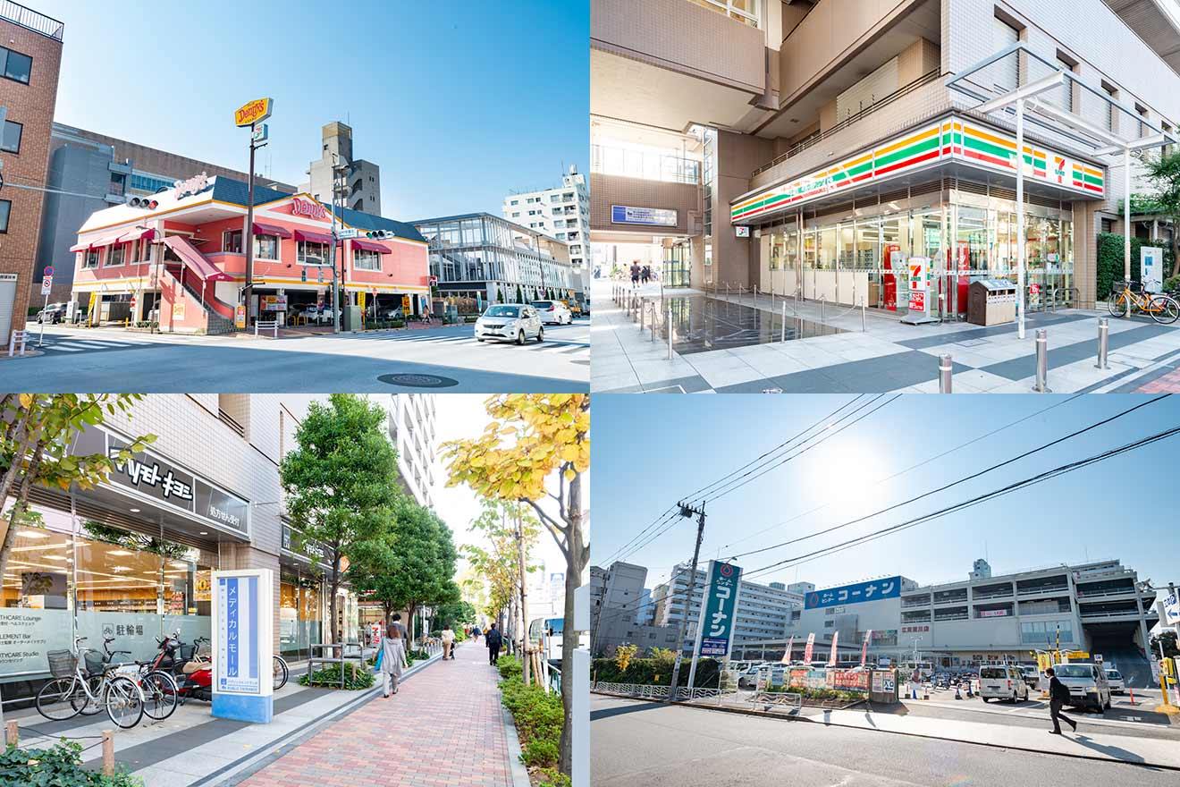 左上から時計回りに、デニーズ 清澄店、セブン-イレブン 江東白河3丁目店、コーナン江東深川店、matsukiyoLAB 白河3丁目店