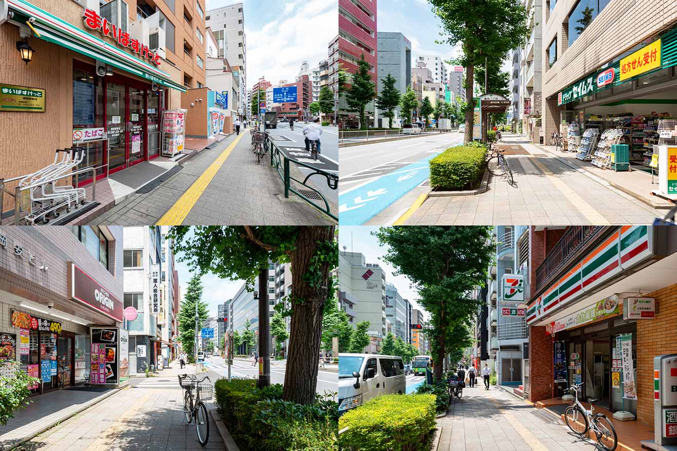 左上から時計回りに、まいばすけっと蔵前駅前、ドラッグセイムス 蔵前3丁目店、セブン-イレブン 台東蔵前3丁目店、キッチンオリジン 蔵前店