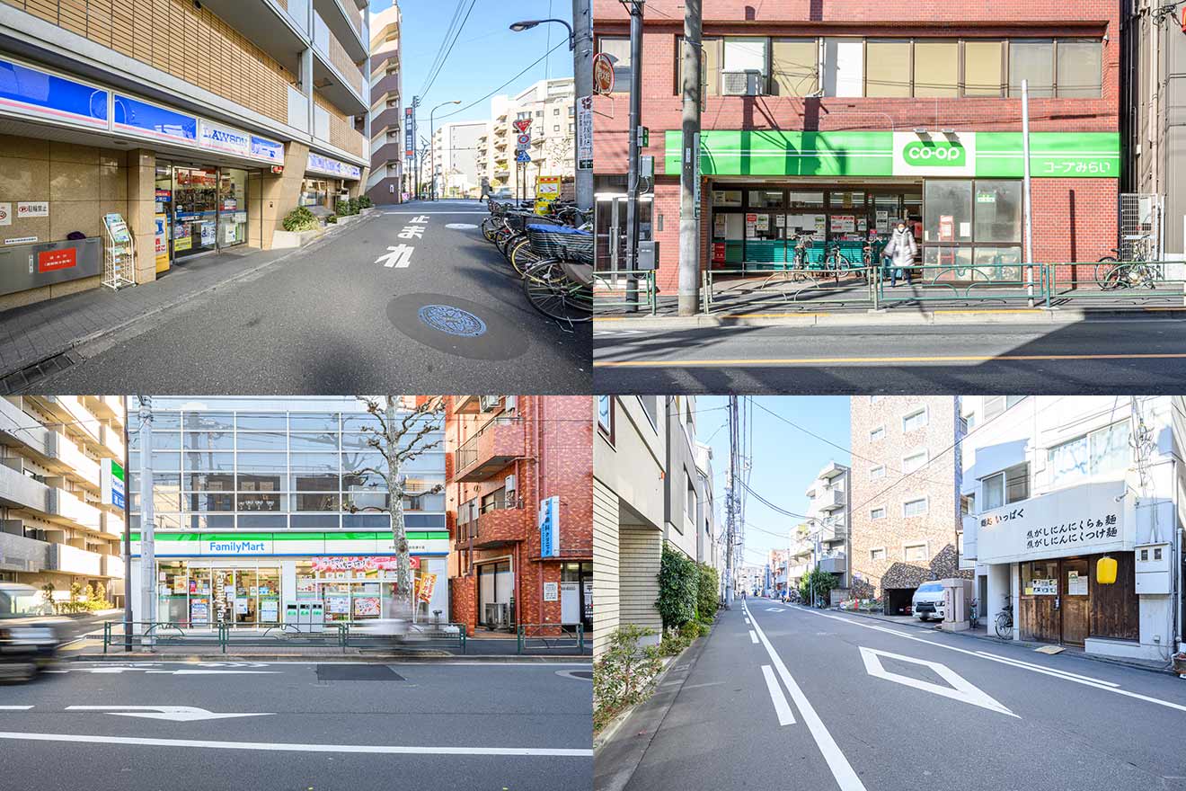 左上から時計回りに、ローソン H落合南長崎駅前、コープみらい ミニコープ西落合店、麺処いっぱく、ファミリーマート 中落合三丁目目白通り店