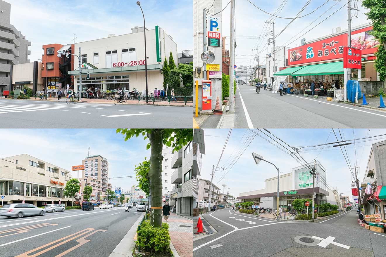 左上から時計回りに、マルエツ 新江古田駅前、スーパーみらべる江古田店、サミットストア 江原町店、ロイヤルホスト江古田店