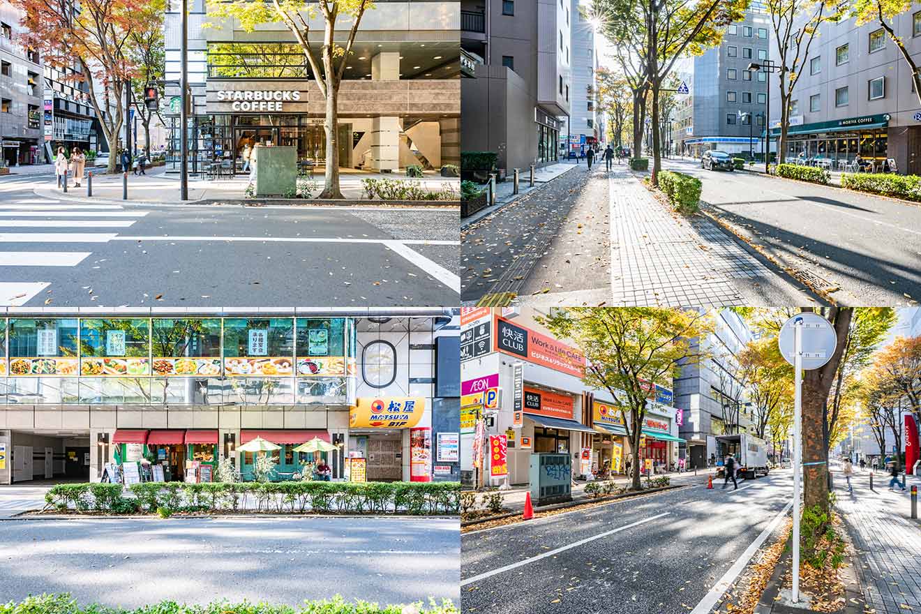 左上から時計回りに、スターバックス コーヒー 新横浜店（新横浜駅より徒歩約2分）、モリバコーヒー 新横浜アリーナ通り店、アリーナ通り、イタリア料理 トラットリア レガーロ 新横浜店