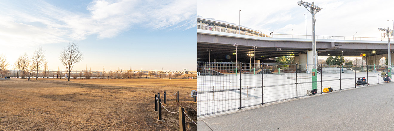 （左）新横浜公園　（右）新横浜公園スケボーひろば