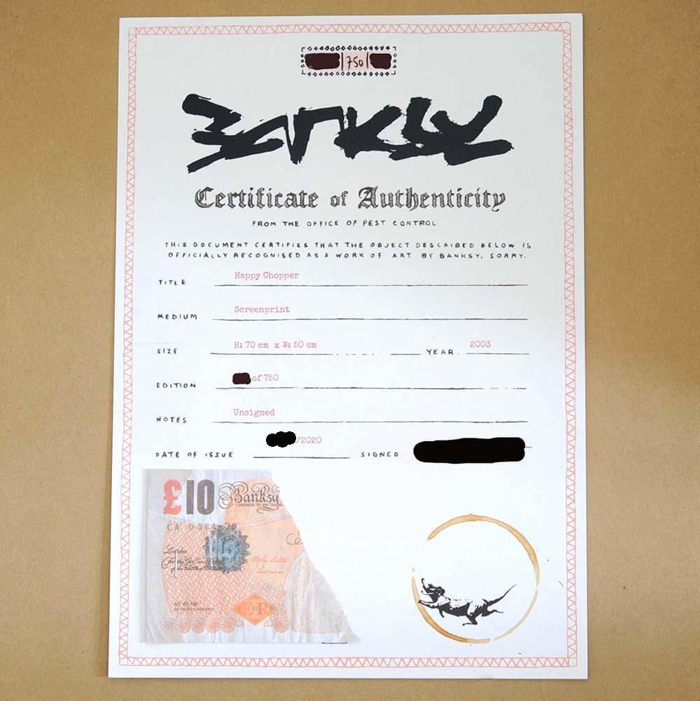 ペストコントールによって発行される バンクシー作品のCoA（Certificate of Authenticityの略）