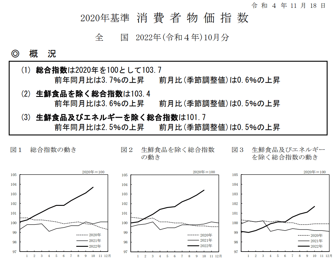 2020年基準　消費者物価指数　全国　2022年（令和4年）10月分